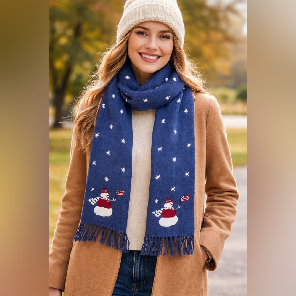 Christopher Banks Vintage Y2K Snowman Americana Flag Winter Knit Fringe Scarf